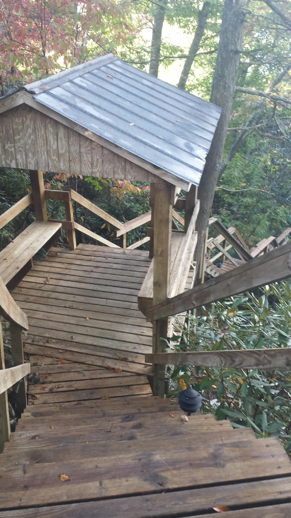 Metal roofed shelter over wooden steps on a wooded walkway — Skylight Repair & Installation work by our crew in Aliceville
